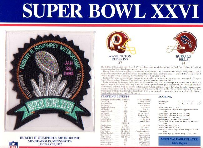 1992 NFL Super Bowl XXVI Patch Redskins Bills Willabee  
