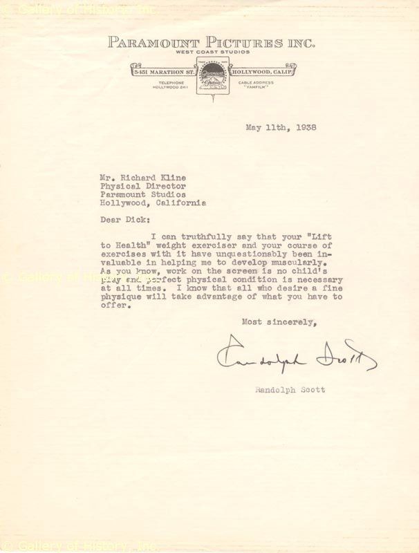 RANDOLPH SCOTT   TYPED LETTER SIGNED 05/11/1938  