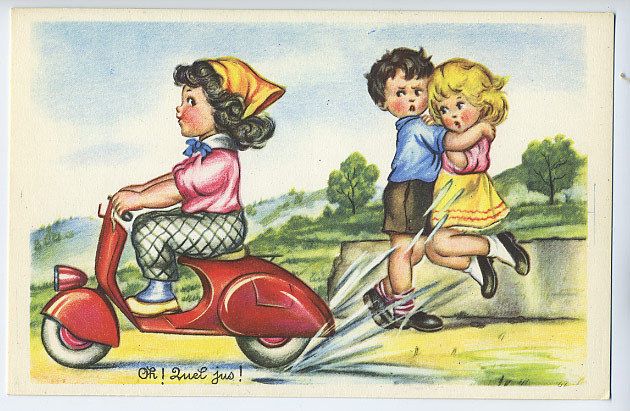 VESPA Motorcycle Scooter Water postcard original 1950s  