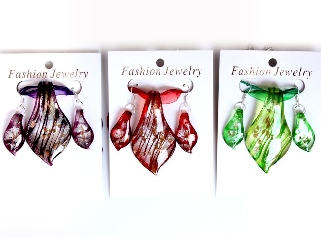 wholesale 8sets leaf lampwork glass necklace+earrings  