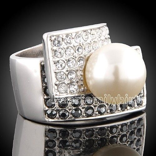 18K WHITE GOLD Gp Swarovski crystals pearl ring 539  