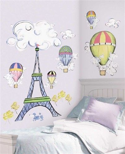   EIFFEL TOWER WALL DECAL MURAL Hot Air Balloons Clouds Nursery Stickers